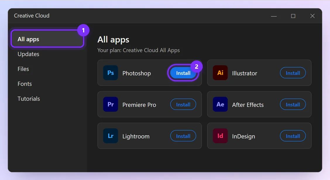 Creative Cloud app with All apps and an Install button highlighted