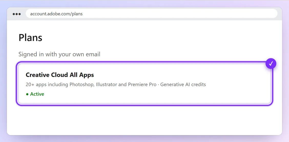 Adobe account Plans page showing the active plan