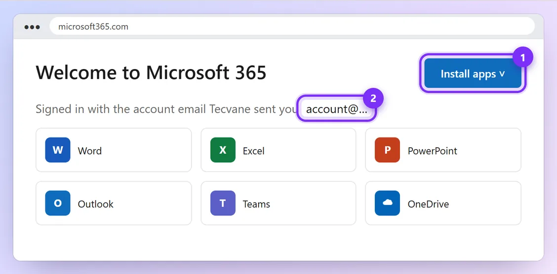 Microsoft 365 home page with Install apps highlighted