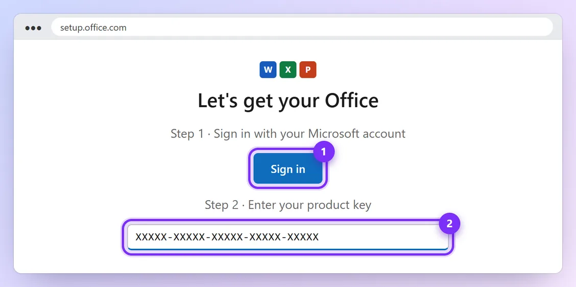 setup.office.com page with Sign in and product key box highlighted