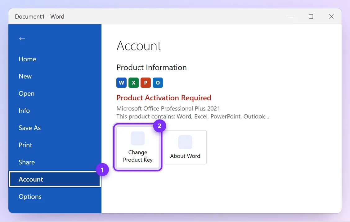 Word, File, Account page with Change Product Key highlighted