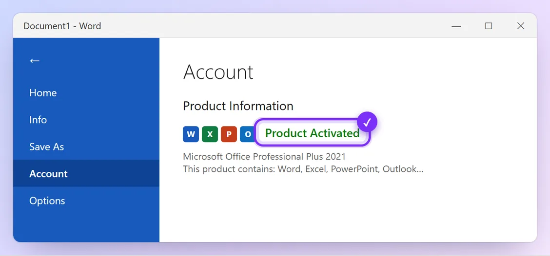 Word Account page showing Product Activated