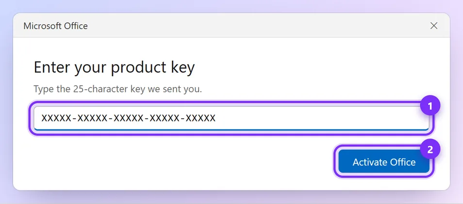 Enter your product key box with Activate Office highlighted