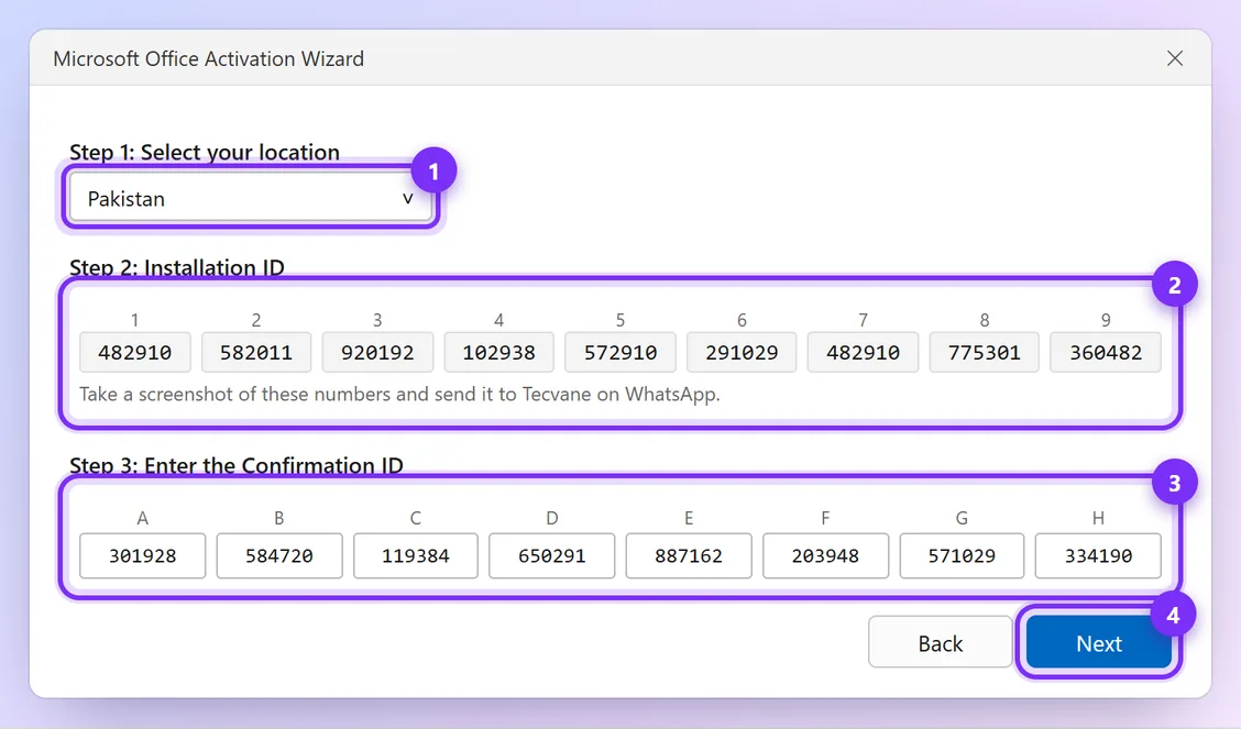 Phone activation screen showing location, Installation ID and Confirmation ID boxes