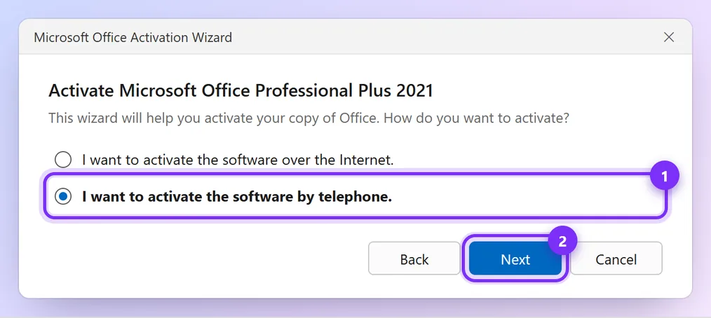 Activation Wizard with the telephone option selected