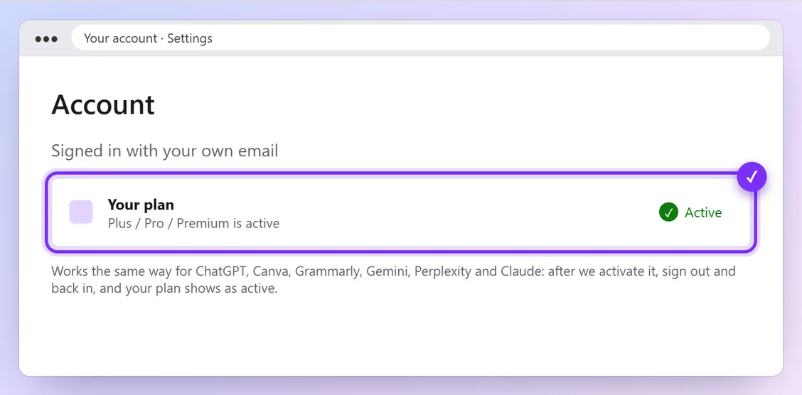 Account settings showing the plan as active
