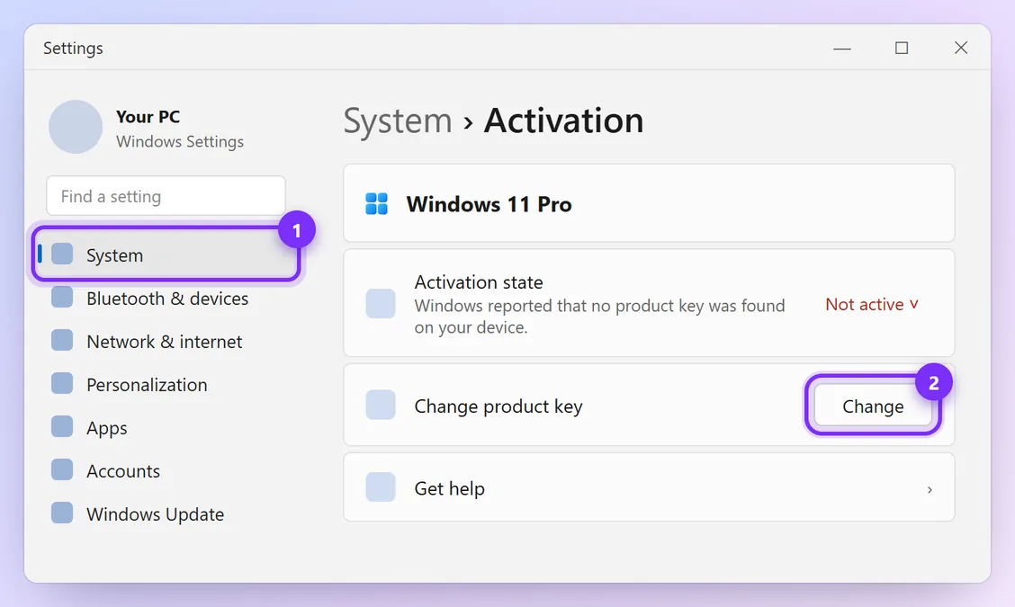 Windows Settings, System, Activation page with the Change button highlighted