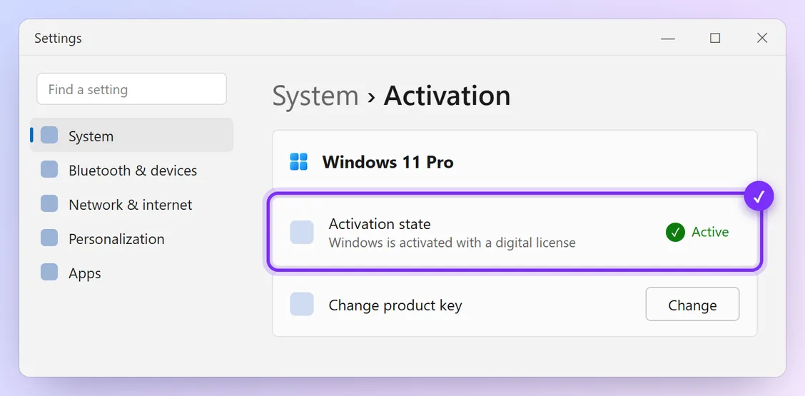 Activation state showing Active