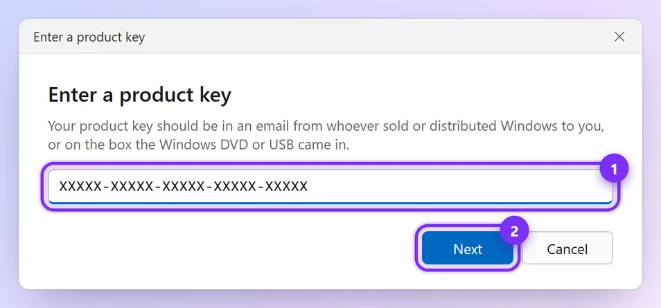 Enter a product key box with Next highlighted