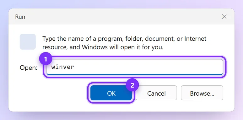 Run box with winver typed and the OK button highlighted