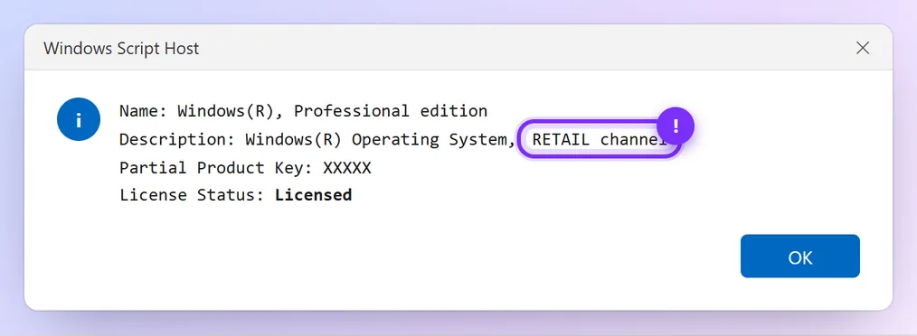 Windows Script Host box showing RETAIL channel and Licensed